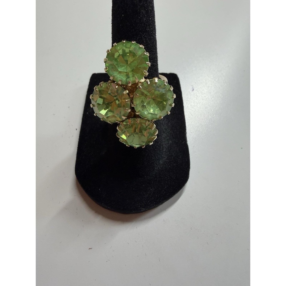Vintage Emmons Green Uranium Glass Rhinestone Ring Gold Tone Statement Cluster